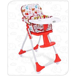 Babyhug Bloom High Chair with Footrest Animal Print - Red| Compact Fold| Safety Harness| Removable Cushion| Adjustable Feeding Tray| Wheels with Lock