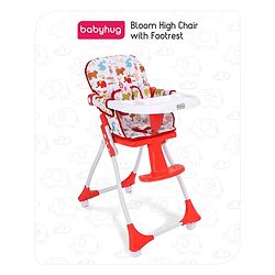 Babyhug Bloom High Chair with Footrest Animal Print - Red| Compact Fold| Safety Harness| Removable Cushion| Adjustable Feeding Tray| Wheels with Lock