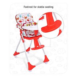 Babyhug Bloom High Chair with Footrest Animal Print - Red| Compact Fold| Safety Harness| Removable Cushion| Adjustable Feeding Tray| Wheels with Lock