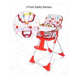 Babyhug Bloom High Chair with Footrest Animal Print - Red| Compact Fold| Safety Harness| Removable Cushion| Adjustable Feeding Tray| Wheels with Lock