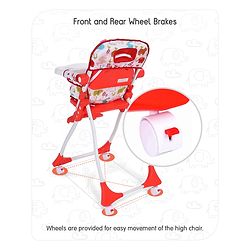 Babyhug Bloom High Chair with Footrest Animal Print - Red| Compact Fold| Safety Harness| Removable Cushion| Adjustable Feeding Tray| Wheels with Lock