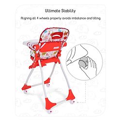 Babyhug Bloom High Chair with Footrest Animal Print - Red| Compact Fold| Safety Harness| Removable Cushion| Adjustable Feeding Tray| Wheels with Lock