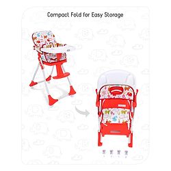 Babyhug Bloom High Chair with Footrest Animal Print - Red| Compact Fold| Safety Harness| Removable Cushion| Adjustable Feeding Tray| Wheels with Lock
