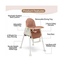 Babyhug 3 in 1 Comfy High Chair - Brown| High Chair, Feeding Chair & Booster Chair| Adjustable Double Food Tray| Removable PU Leather Seat| Safety Harness| Removable Footrest