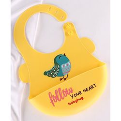Babyhug Soft Silicone Feeding Bib  Bird Print, Yellow| Waterproof, Tear-Resistant, Easy to Wear| With Deep Crumb Catcher| Adjustable Fit| Foldable & Easy to Carry