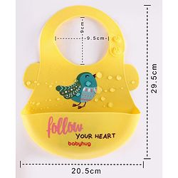 Babyhug Soft Silicone Feeding Bib  Bird Print, Yellow| Waterproof, Tear-Resistant, Easy to Wear| With Deep Crumb Catcher| Adjustable Fit| Foldable & Easy to Carry