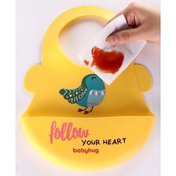 Babyhug Soft Silicone Feeding Bib  Bird Print, Yellow| Waterproof, Tear-Resistant, Easy to Wear| With Deep Crumb Catcher| Adjustable Fit| Foldable & Easy to Carry