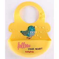 Babyhug Soft Silicone Feeding Bib  Bird Print, Yellow| Waterproof, Tear-Resistant, Easy to Wear| With Deep Crumb Catcher| Adjustable Fit| Foldable & Easy to Carry