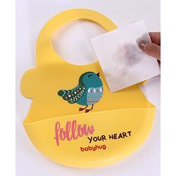 Babyhug Soft Silicone Feeding Bib  Bird Print, Yellow| Waterproof, Tear-Resistant, Easy to Wear| With Deep Crumb Catcher| Adjustable Fit| Foldable & Easy to Carry