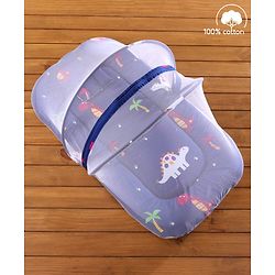 Babyhug Cotton Bedding Set with Mosquito Net Dino Kingdom Print - Navy Blue