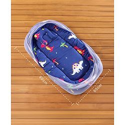 Babyhug Cotton Bedding Set with Mosquito Net Dino Kingdom Print - Navy Blue