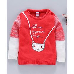 Babyhug Full Sleeves Sweater Kitty Patch - Coral White