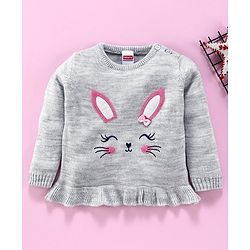 Babyhug Full Sleeves Frilled Sweater Kitty Embroidered - Grey