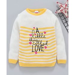 Babyhug Full Sleeves Stripe Sweater Text & Heart Embroidery - White Yellow