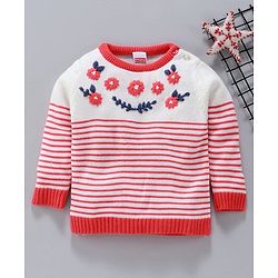 Babyhug Full Sleeves Stripe Sweater Floral Embroidery - Off White Coral