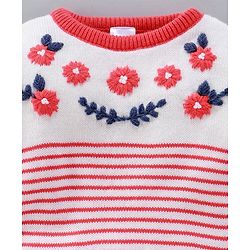 Babyhug Full Sleeves Stripe Sweater Floral Embroidery - Off White Coral