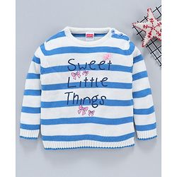 Babyhug Full Sleeves Striped Sweater Sweet Little Things Print - White Blue