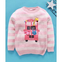 Babyhug Full Sleeves Striped Sweater Animal Patch - Pink