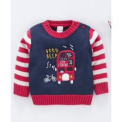 Babyhug Full Sleeves Sweater Bus Embroidery - Navy Blue
