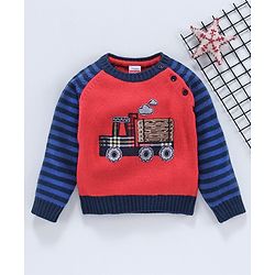 Babyhug Full Sleeves Sweater Truck Patch - Red Blue