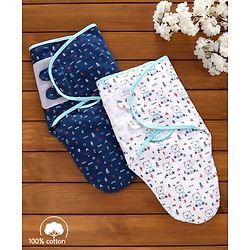 Babyhug 100% Cotton Swaddle Wrapper Printed Set of 2 - White & Blue