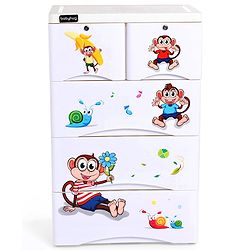 Babyhug 5 Compartment Chest of Drawers Monkey Print - White