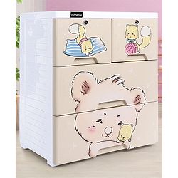 Babyhug 3 Layers High Density Plastic Storage Cabinet Teddy Print With Wheels - White