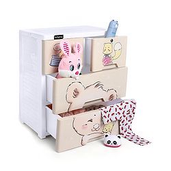 Babyhug 3 Layers High Density Plastic Storage Cabinet Teddy Print With Wheels - White