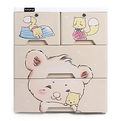 Babyhug 3 Layers High Density Plastic Storage Cabinet Teddy Print With Wheels - White
