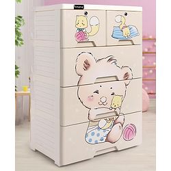 Babyhug 4 Layers High Density Plastic Storage Cabinet Teddy Print With Wheels - White