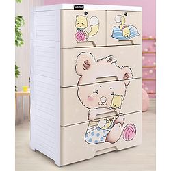 Babyhug 4 Layers High Density Plastic Storage Cabinet Teddy Print With Wheels - White