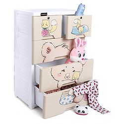 Babyhug 4 Layers High Density Plastic Storage Cabinet Teddy Print With Wheels - White