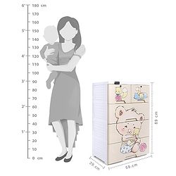 Babyhug 4 Layers High Density Plastic Storage Cabinet Teddy Print With Wheels - White