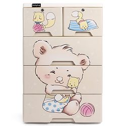 Babyhug 4 Layers High Density Plastic Storage Cabinet Teddy Print With Wheels - White