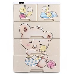 Babyhug 4 Layers High Density Plastic Storage Cabinet Teddy Print With Wheels - White