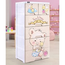 Babyhug 5 Layers High Density Plastic Storage Cabinet Teddy Print With Wheels - White