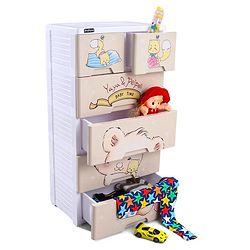 Babyhug 5 Layers High Density Plastic Storage Cabinet Teddy Print With Wheels - White