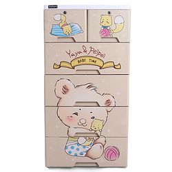 Babyhug 5 Layers High Density Plastic Storage Cabinet Teddy Print With Wheels - White