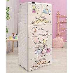 Babyhug 6 Layers High Density Plastic Storage Cabinet Teddy Print With Wheels - White