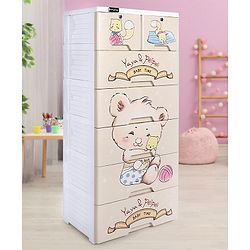 Babyhug 6 Layers High Density Plastic Storage Cabinet Teddy Print With Wheels - White