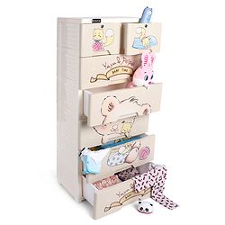 Babyhug 6 Layers High Density Plastic Storage Cabinet Teddy Print With Wheels - White