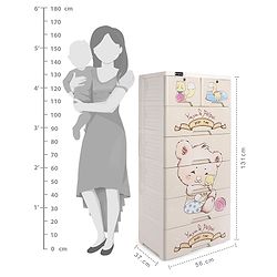 Babyhug 6 Layers High Density Plastic Storage Cabinet Teddy Print With Wheels - White
