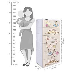 Babyhug 6 Layers High Density Plastic Storage Cabinet Teddy Print With Wheels - White