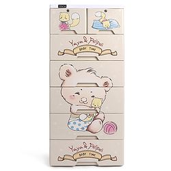 Babyhug 6 Layers High Density Plastic Storage Cabinet Teddy Print With Wheels - White