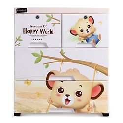 Babyhug 3 Layers High Density Plastic Storage Cabinet Baby Lion Print With Wheels - Light Cream