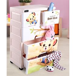 Babyhug 4 Layers High Density Plastic Storage Cabinet Teddy Print With Wheels - White