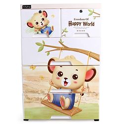 Babyhug 4 Layers High Density Plastic Storage Cabinet Teddy Print With Wheels - White