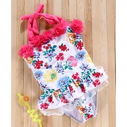 Babyhug Sleeveless V Cut Swim Suit Floral Print - White Pink