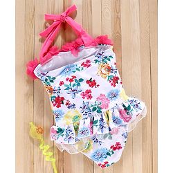 Babyhug Sleeveless V Cut Swim Suit Floral Print - White Pink