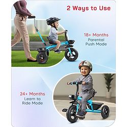 Babyhug Cruise Plug & Play Trike with Mild Steel Frame & Parental Handle Front & Rear Storage Basket with 3 Rubber Wheels with Foldable Foot Rest & Bell - Aqua Blue